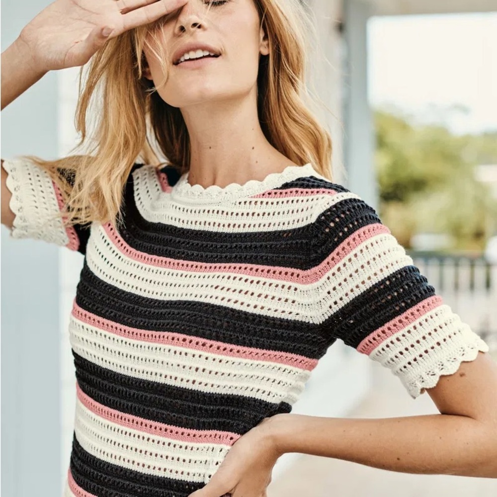 Boden Corrina Knitted Striped Crochet Cotton Top Size L